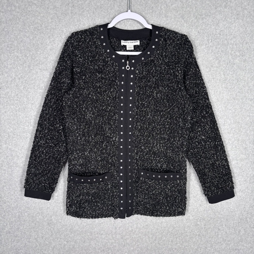 Cathy Daniels Boucle Studded Cardigan Sweater Small Pockets Zip Up Old‎ Money